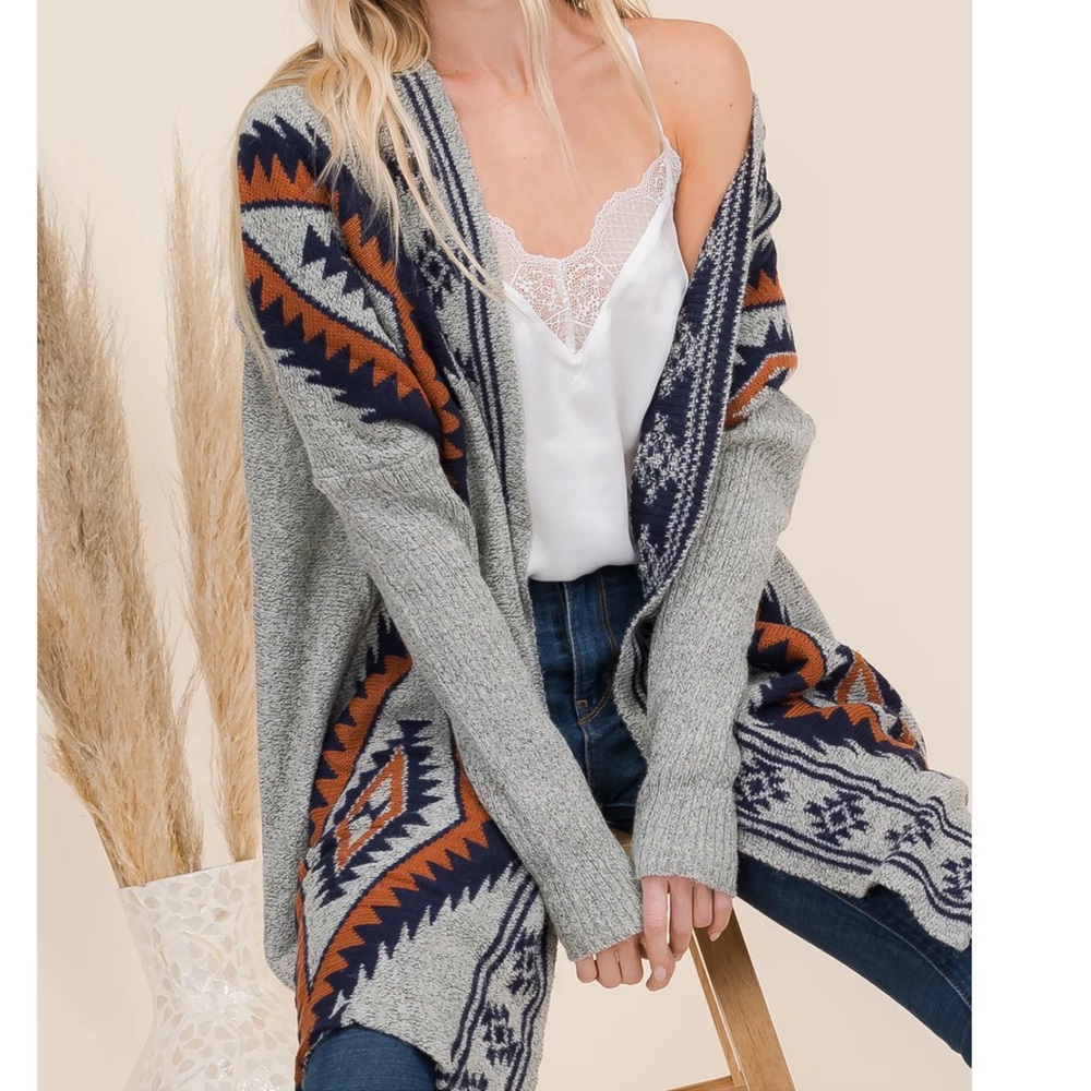 Oceanus Western Tribal Pattern Open Boho Cardigan Medium Blue Gray - Picture 10 of 10